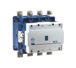 High-resolution image of an L&T Electric MCX 220V contactor, highlighting its main poles, auxiliary contacts, current rating markings.